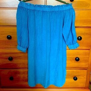 Style Envy off shoulder chambray mini dress medium denim barbiecore #springbreak